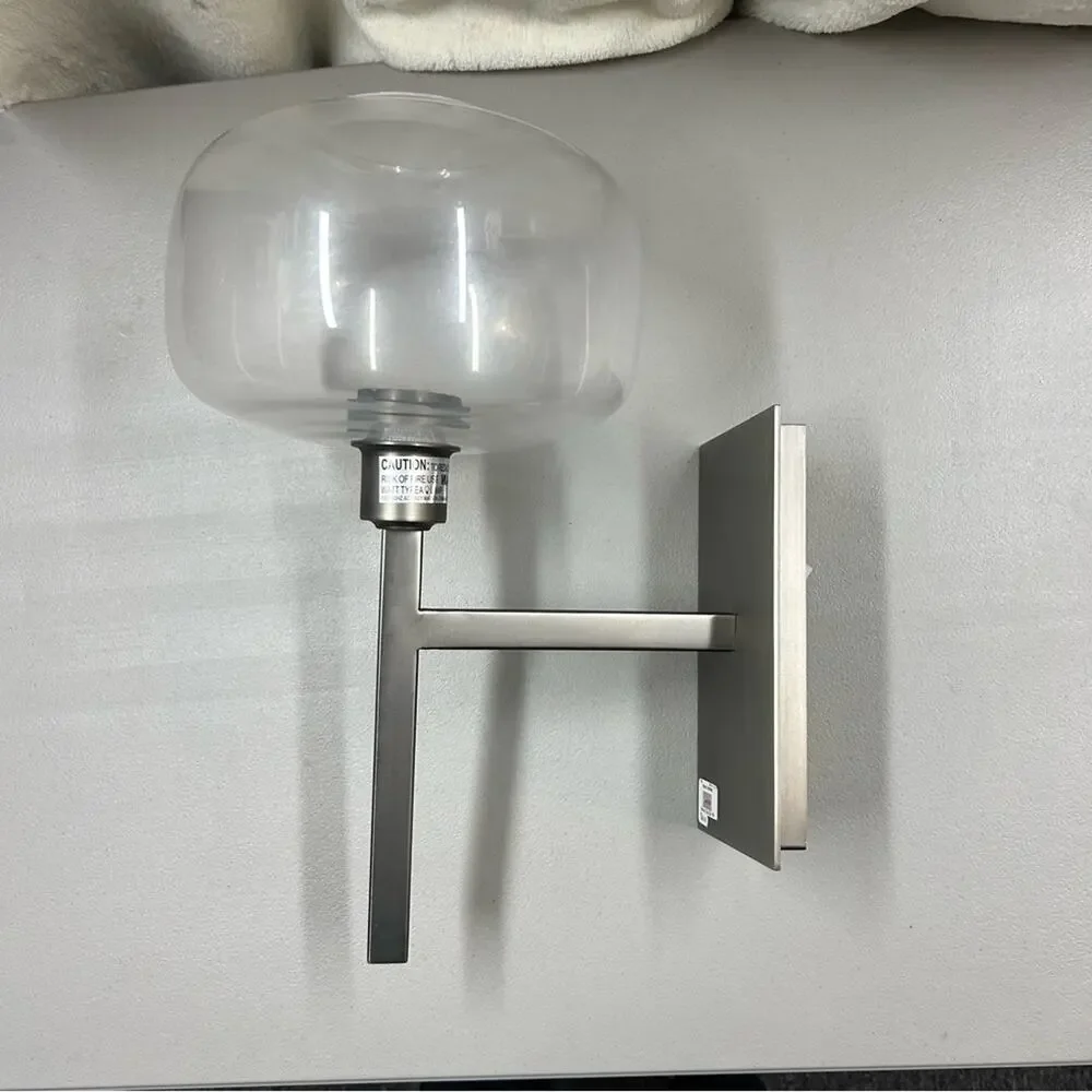 Pottery Barn Newman Sconce Large Clear Globe Light Lighting Gun Metal Silver NEW